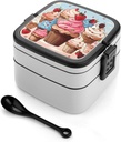 Adult Double-Layer Bento Box Cupcakes And Ice Cream Portable Lunch Box with Spoon And Invisible Handle Leakproof Microwave-Safe Food Container for Work Travel Camping