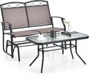 Giantex Patio Glider Bench Set - Outdoor Loveseat Glider Chair with Tempered Glass Coffee Table, Metal Frame, 800 Lbs Weight Capacity, Gliding Rocking Chair Set for Patio, Porch, Yard (2 PCS, Brown)