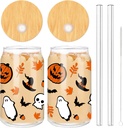 Whaline 2 Pack Halloween Glasses Cups Cute Pumpkin Ghost Bat Drinking Glasses 16oz Halloween Ice Coffee Cup with Bamboo Lid and Straw Beer Glass Can for Cocktail Whiskey Beer Soda Decor Gifts