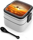 Bento Lunch Box for Women Lunch Containers for Adults Aircraft Plane at Sunset Double Layered Lunchbox Large Capacity Bento Box with Cutlery for Work Picnic Camping Travel