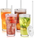 20oz Glass Tumblers with Lids and Straws, 4 Pack Vintage Ribbed Glass Tumblers for Iced Coffee, Smoothies, Thickened Wall Mason Jar Drinking Iced Coffee Cup