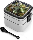 Cactus Multiflesh Bento Box for Adults Double Layer Lunch Box with Spoon And Invisible Handle Microwave Dishwasher Safe Leak Proof Meal Prep Lunch Containers for Office Picnic