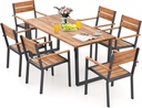 KOTEK 7 Piece Patio Dining Set, Acacia Wood Outdoor Dining Furniture Set for 6 with Stackable Chairs, 2'' Umbrella Hole, Outdoor Table and Chairs for Backyard, Deck, Garden