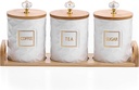 JUXYES Set of 3 Ceramic Canisters Set for Sugar Coffee Tea With Handle Tray, Luxurious Storage Containers Sets with Lids Decorative Storage Pots White Ceramic Storage Jar for Kitchen Dining Counter