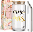 Miss to Mrs,Cute Bride Drinking Glass Cup Gifts for Bachelorettee Party,Engagement Gifts for Couples,Bridal Glass Tumbler with Lid and Straw for Women Bride Wifey Fiance,Wedding Gift for Her-16