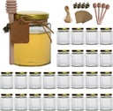6 oz Hexagon Glass Honey Jars, Glass Jars with Gold Lids,Bronze Bee Pendants,Wooden Honey Sticks,Small Tags,1.5m Jute Twine -Clear Hexagon Jars for Honey,Jams, Liquid.(25 Pcs)……