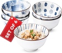 Japanese Rice Bowls Set of 6 - Porcelain Cereal Bowl in Vintage Blue White Design - Stackable Ceramic Dinner Set for Rice, Salad & Soup - Microwaveable & Oven Safe - 4.7"x2.6" per Bowl