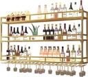 3-Tier Wine Rack Wall Mounted with LED Light,Bar Floating Wall Shelves,Liquor Bottle Display Shelf,Metal Wine Storage Racks with Wine Glass Holder,for Kitchen Wine Cellar,Gold/Blac