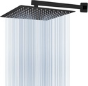 Voolan All Metal Shower Head with Extension Arm, Stainless Steel Waterfall Rainfall Showerheads, High Flow Bathroom Square Rain Shower Head (12’’ Shower Head with 16’’ Shower Arm, Black)