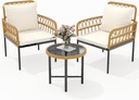 3 Piece Patio Bistro Set, Outdoor Wicker Table and Chairs Set of 2, All-Weather Rattan Balcony Furniture Set with Cushions for Patio Front Porch Backyard, Poolside Deck, Apartment