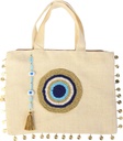 Tote Bag for Women with Handmade Crochet Evil Eye Natural Jute Beach Bag Waterproof Lining Off-White