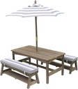KidKraft Outdoor Wooden Table & Bench Set with Cushions and Umbrella, Kids Backyard Furniture, Gray and White Stripes