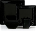 16 Piece Square Beaded Stoneware Dinnerware set by Lorren Home Trends, Black