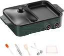 Electric Grill green Indoor Hot Pot with Glass Lid & Removable Non-Stick Grill Plate,Separate Dual Temperature Contral, for 2-8 People Family Gathering Friend Meeting Party