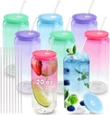 Joyclub 20oz Glass Cups with Acrylic Lids and Straws 8 Set Can Shaped Glass Iced Coffee Cups with Lids, Gradient Drinking Glasses Cute Tumbler Cup Great for Smoothie Soda Boba Tea Cocktail Beer Gift