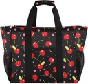 ALAZA Cherry Flower on Black Large Reusable Grocery Bag Heavy Duty Reusable Shopping Bag with Reinforced Bottom Handles Foldable Bag