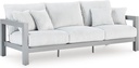 Signature Design by Ashley Moonlight View Contemporary Outdoor Nuvella Weather Resistant Fabric Sofa with Cushion and 4 Throw Pillows, White & Light Gray