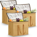 3 Pack XL-large Insulated Reusable Grocery Bags Foldable Cooler Bag Collapsible Shopping Tote for Groceries Stands Upright Storage Bags with Zippered Top and Handles for Food Deliver(Beige)