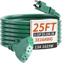 25 FT 16/3 Green Outdoor Extension Cord with Multiple Outlets, Flexible Weatherproof 3 Outlets Green Extension Cord Outdoor Waterproof, 13A 1625W 16AWG SJTW, ETL Listed