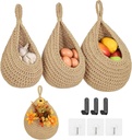 Boho Wall Hanging Fruit Baskets for Kitchen 3 Pack Woven Produce Holder with 6 Pcs Strong Hooks Vegetable Hanging Basket for Organizing Teardrop Home Wall Potato Onion Storage, Linen