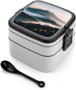 Bento Box Stackable 2 Layers Containers Adult Lunch Box Natural Mist Mountain Tree Lunchbox for Women Men All-in-One Meal Prep Containers Leakproof Lunch Containers for Work