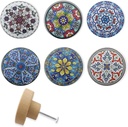 Set of 6 Wooden Cabinet Knob Vintage Painted Boho Kitchen Furniture Drawer Knobs 1.8 x 1.8 Inches