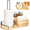 Wood Paper Towel Stand, Towel Roll Napkin Holder Caddy with 2 Spice Compartments, Papertowel Holder for Kitchen Countertop with Heavy Duty Non-Slip Base, Fits Standard or Jumbo-Sized Rolls