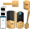 Smart Front Door Lock Set - SMONET Smart Door Lock with Handle, Keyless Entry Keypad Deadbolt, Fingerprint Smart Deadbolt Easy Install, Gold
