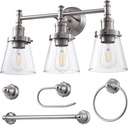 DEWENWILS Bathroom Light Fixtures, 5-Piece All-in-One Bathroom Light Set, 3 Light Brushed Nickel Bathroom Vanity Light with Glass Shades, Towel Bar, Towel Ring, Robe Hook, Toilet Paper Holder