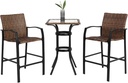 Patio Bar Table and Chairs Set 3 Piece Wicker Bar Height Bistro Furniture Outdoor 26" Bar Stool Set for 2 Metal Frame Glass Tabletop Conversation Set for Backyard Poolside Balcony