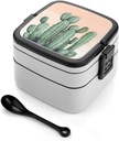 Watercolor Green Cactus Bento Box with Compartments Double Layer Bento Lunch Box with Spoon And Handle All-in-One Adult Lunchbox Leakproof Lunch Container for Work Picnic Travel
