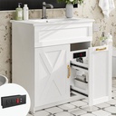 30" Bathroom Vanity with Sink, Farmhouse Bathroom Cabinet, Bathroom Vanity Set with Hair Tool Organizer & Power Outlets, Freestanding Bathroom Vanities with Metal Handle, White