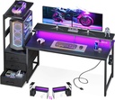 AODK 59 Inch Gaming Desk with USB Charging Ports & LED Light- Reversible Computer Desk with Storage Shelves & Monitor Stand, Modern Gamer Desk Table with Fabric Drawers & Side Hook, Carbon Fiber Black