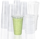 TashiBox 100 sets 24 oz plastic cups with flat lids and straws, smoothie cups with lids and straws, meal prep plastic large cups