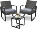 3 Pieces Outdoor Patio Furniture Set Rocking Bistro Set Outdoor Rattan Conversation with Coffee Table for Garden Balcony Backyard Poolside (Grey Cushion)