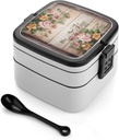 Beautiful Flowers Painting On Wood Bento Box Adult Lunch Box All-in-One Lunch Containers with Removable Compartments Double Layer Bento Lunch Box with Spoon And Handle Stackable Lunchbox