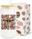 Game Day Football Cup 16oz Glass Cups with Lid and Straw, Gift for Football Lovers Woman, Brown Bow Drinking Glass Cups, Daisy Aesthetic Gift, Football Season Party Supplies