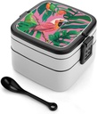 Tropical Birds Plant Leaf Bento Box with Spoon, 2-layer Stackable Lunch Box Leak Proof with Invisible Handle, Insulated Food Storage for Office, Picnic & Travel