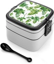 Green Style Pattern Bento Box - Double Layer, Leakproof Food Containers with Partition & Spoon, Stackable Lunch Box for Office, Travel, Camping