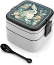 Hand Drawn Rabbit Bento Box with Compartments Double Layer Bento Lunch Box with Spoon And Handle All-in-One Adult Lunchbox Leakproof Lunch Container for Work Picnic Travel