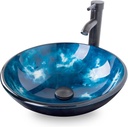 Bathroom Artistic Vessel Sink, Tempered Glass Vanity Round Bowl with Oil Rubber Bronze Faucet and Pop up drain Set, Ocean Blue