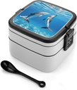 Two Dolphins Bento Box Double-Layer Bento Lunch Container with Spoon And Invisible Handle Adult Leak-Proof Lunchbox for Dining Out Work Picnics Travel