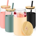 4 Pack 16 oz Glass Tumbler with Silicone Sleeve Iced Coffee Cups with Lids Straw Can Shaped Water Bottle for Christmas Home Outdoor (Cambridge Blue, Amber, Black, Pink)