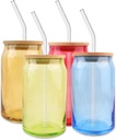 Lily's Home Glass Tumbler Set with Bamboo Lids and Straws, 4 Pack Multi-Color Glass Cups Drinking Glasses for Smoothies, Iced Tea, Beverages and Iced Coffee Cup with Lids and Straw, Drinking Jars,16oz