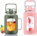 BLUEGO 64oz and 84oz Glass Water Bottles Bundle(64 Olive + 84 Pink) with Straw and Lids Handle Large Water Tumbler with Sleeve, Glass Water Container, 2 Liter Water Jug Glass, BPA Free