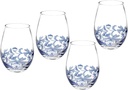 Spode Blue Italian Stemless Wine Glasses, Set of 4 - 19oz Artistic Tumbler-Style Goblets with Scenic Border & Scroll Accent for Red or White Wine, Casual Dining, Entertaining - For Outdoor Gatherings