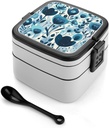 Simple Flowers Bento Box with Spoon, 2-layer Stackable Lunch Box Leak Proof with Invisible Handle, Insulated Food Storage for Office, Picnic & Travel