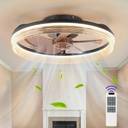 LED Flush Mount Ceiling Fan with Light Fixture, 20inch Low Profile Farmhouse Small Ceiling Fan Light, 3000K-6000K Dimmable, Quiet 6 Speeds Black Modern Ceiling Fans for Indoor Bedroom, Kitchen