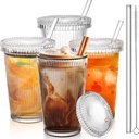 4 Pack Glass Cups with Lids and Straws, 12 oz Ribbed Iced Coffee Tumbler, Clear Stripe Drinking Glassware with Cleaning Brush for Water Cocktails Tea Soda Juice Smoothie Whiskey Beer