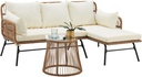 MELLCOM 3 Piece Patio Furniture Set, L-Shaped Sectional Conversation Sofa Set with Thick Cushions and Toughened Glass Coffee Table for Backyard Balcony Garden Porch, Beige